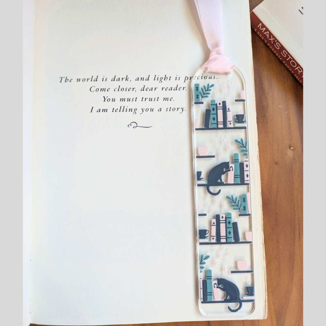 Cat on Bookshelf Bookmark on Book Cover