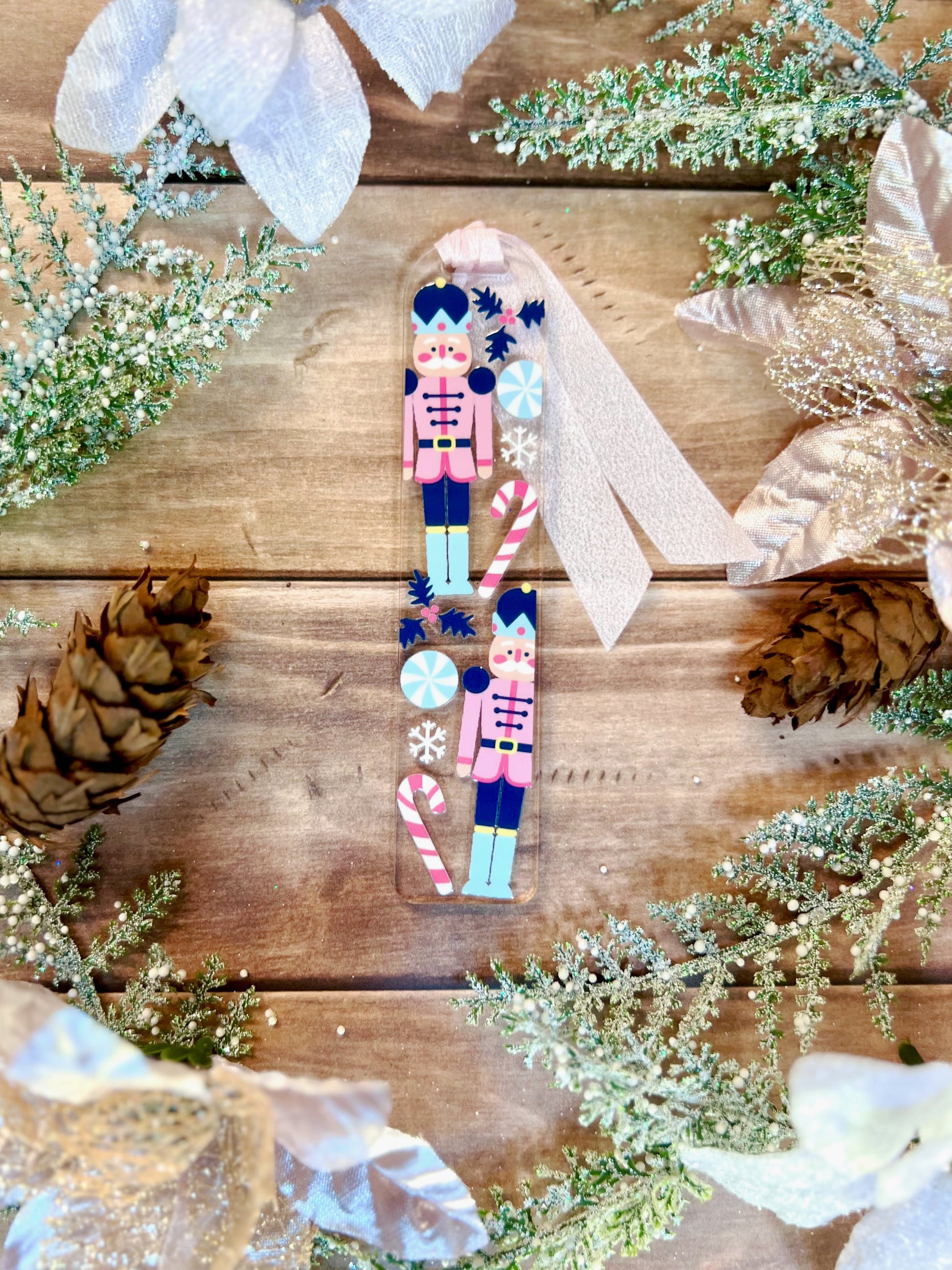 Classic Nutcracker Bookmark on Holiday Background