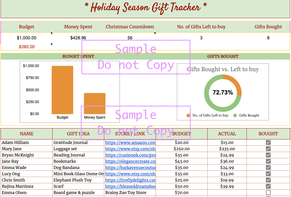 Free Holiday Season Gift Tracker