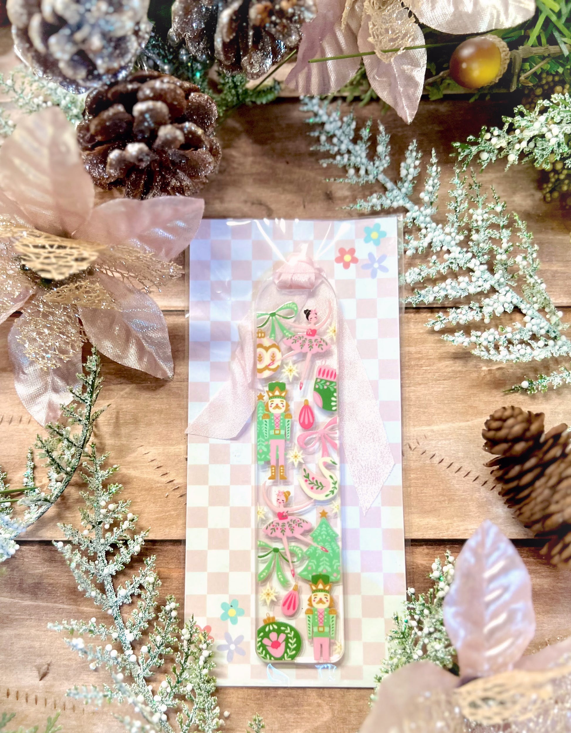 Nutcracker Ballet Bookmark in Packaging on Holiday Background