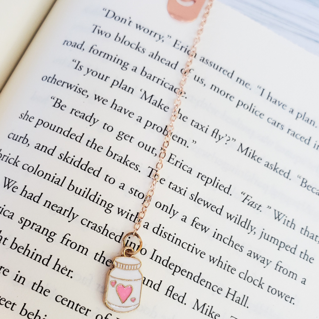 Heart Bottle Charm Metal Bookmark Close Up